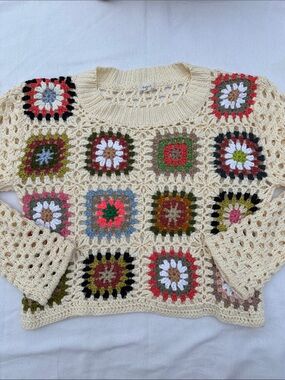 Debut Handmade Cream Crochet Granny Square Sweater - Multicolor Accents